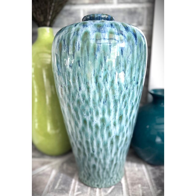 Early 21st Century Late 20th Century Peacock Feather Blue & Green Drip Glazed Pottery Vase For Sale - Image 5 of 12