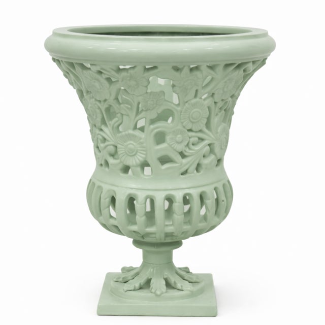 Traditional 16" Soft Green Floral Urn For Sale - Image 3 of 3