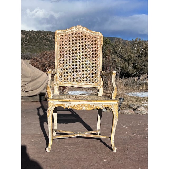 French Country 1950s Louis XV Style Painted Country French Cane Back Armchair For Sale - Image 3 of 6