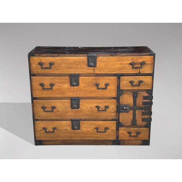 19th Century Late Meiji Japanese Keyaki Wood Merchant Tansu Chest This stunning late 19th-century Japanese Meiji period...