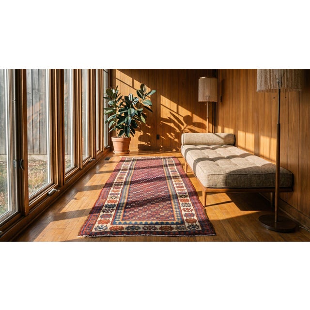 Red 1890s Red Diamond Tribal Antique Persian Kurdish Rug 3'6" X 9'5" Handknotted Wool Carpet For Sale - Image 8 of 9