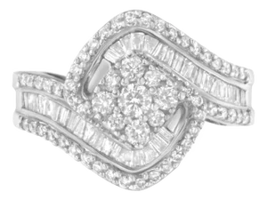 14K White Gold 1.0 Cttw Baguette & Brilliant-Cut Diamond Round Floral Cluster Engagement Ring with Swirl Wrapped Triple Row Band - Size 6-3/4