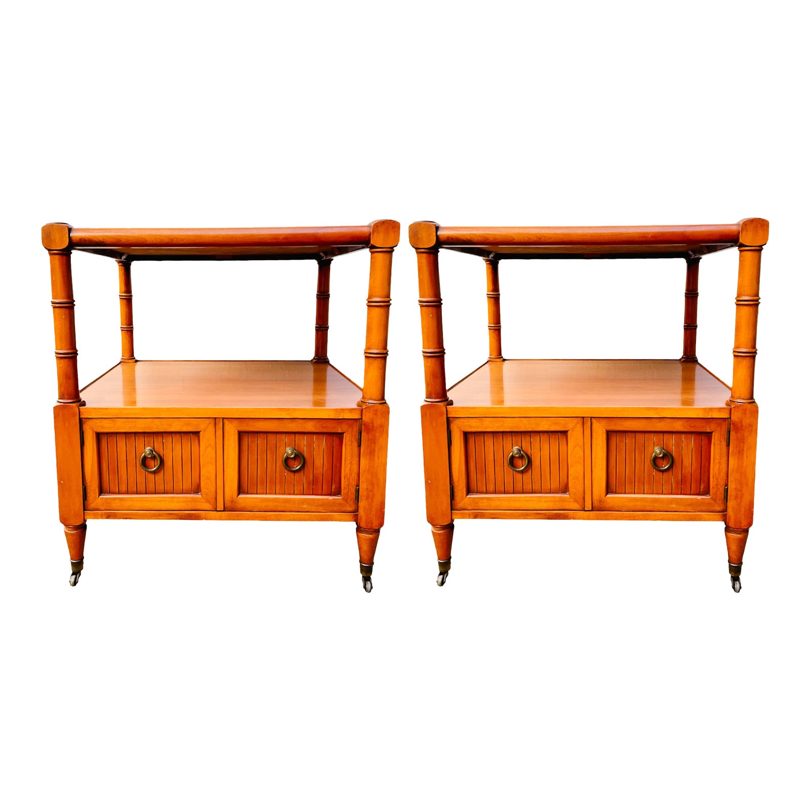 Mid-Century Bamboo Square End Tables on Casters With Glass Tops - a ...