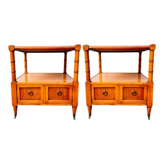 Mid-Century Bamboo Square End Tables on Casters With Glass Tops - a Pair For Sale