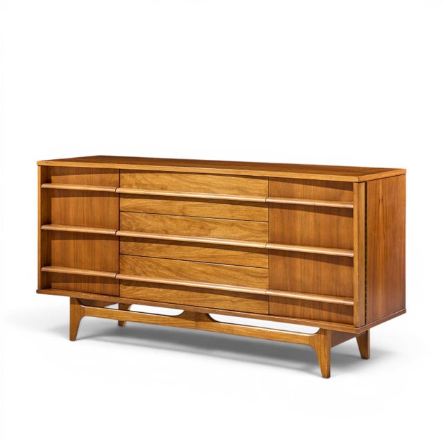Young Manufacturing Young Manufacturing Mid Century Curved Walnut Credenza and Hutch For Sale - Image 4 of 12