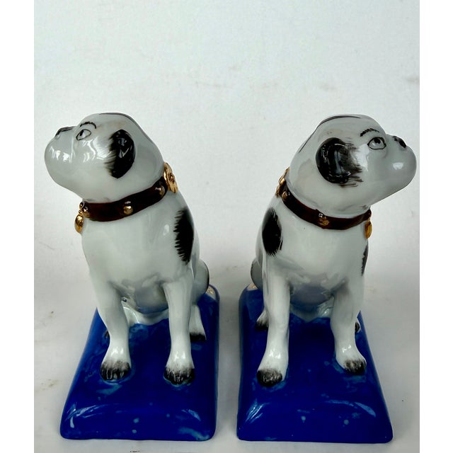 White Pair of Porcelain Pug Dog Figurines on Cobalt Blue Bases, Late 19th Century For Sale - Image 8 of 18