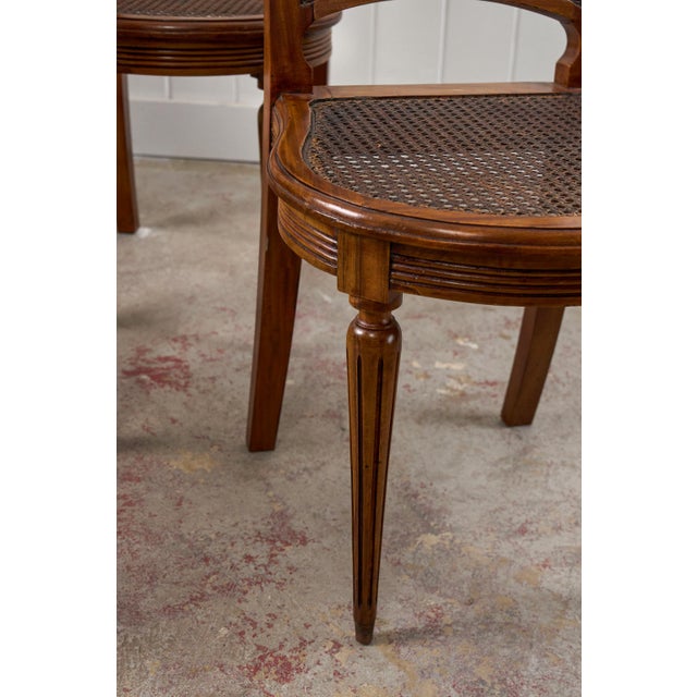 Brown Set of 6 | French Louis XVI Style Dining Chairs With Hand Caned Seats + Backs With Fluted Legs (C. 1920) For Sale - Image 8 of 10