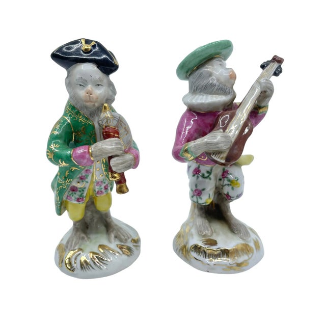 Antique Porcelain Musical Monkey Statues - a Set of Two For Sale - Image 4 of 12