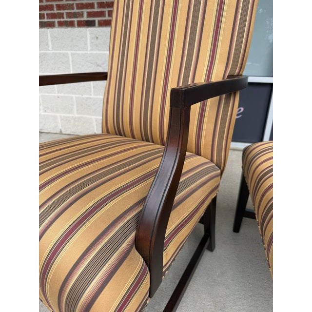 Pair of Ethan Allen High Back Arm Chairs With Striped Upholstery For Sale - Image 10 of 16