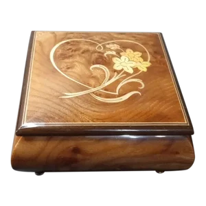 1940s Inlay Lacquered Wood Square Reuge Pedestal Musical Box Made in Italy
