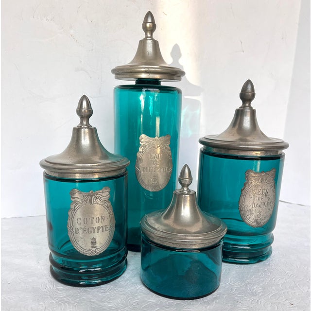 French Apothecary Glass/Pewter Bath Jar Set For Sale - Image 12 of 15