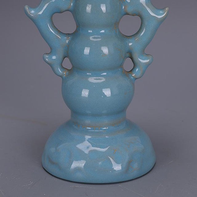 Vintage Chinese Sky Blue Ru Style Lotus Candlestick, Double Dragon Handle Ceramic Candle Holder For Sale - Image 4 of 5