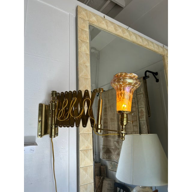 Vintage Brass Scissor Wall Lamp With Iridescent Glass Shade For Sale - Image 12 of 13