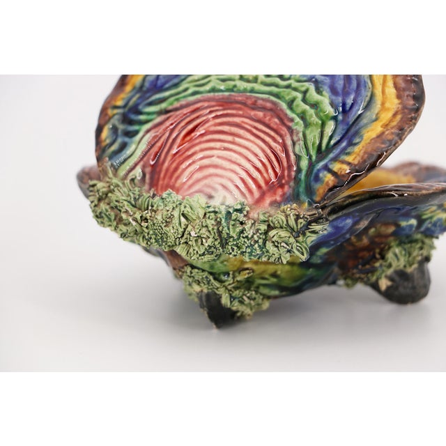 1920s Pair of Two Majolica Oyster Shell Salt Cellars With Mussel Shells Feet, Portuguese Palissy Ware, Earthenware For Sale - Image 10 of 17