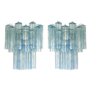 Contemporary Light-Blue “Tronchi” Murano Glass Wall Sconces in Venini Style - a Pair For Sale