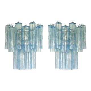 Contemporary Light-Blue “Tronchi” Murano Glass Wall Sconces in Venini Style - a Pair For Sale