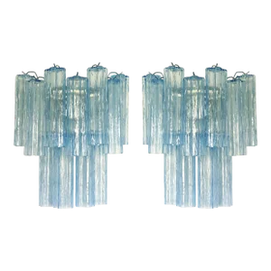 Contemporary Light-Blue “Tronchi” Murano Glass Wall Sconces in Venini Style - a Pair