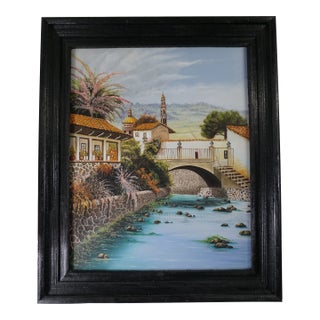 Large Original Mediterranean Village Landscape Oil Painting | 40” X 48” | Framed Architectural River Scene For Sale