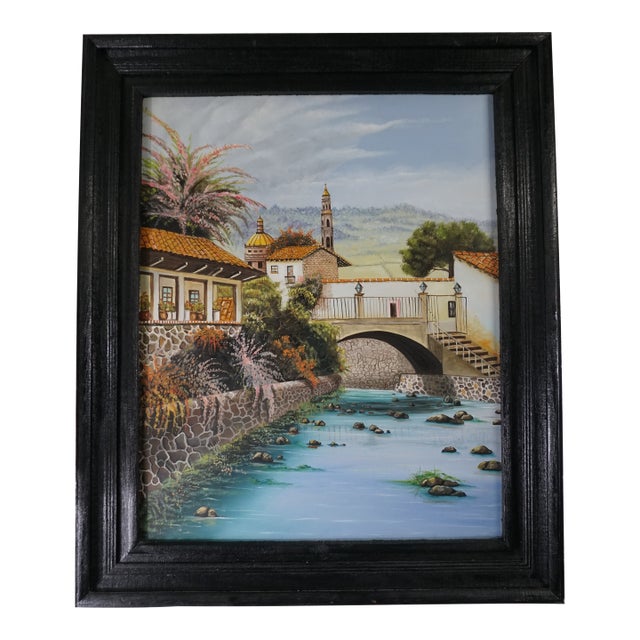 Large Original Mediterranean Village Landscape Oil Painting | 40” X 48” | Framed Architectural River Scene For Sale