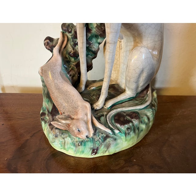 Ceramic Very Large Antique 19th Century English Staffordshire Pottery Dog Figure of a Greyhound or Whippet and Hare or Rabbit For Sale - Image 7 of 16