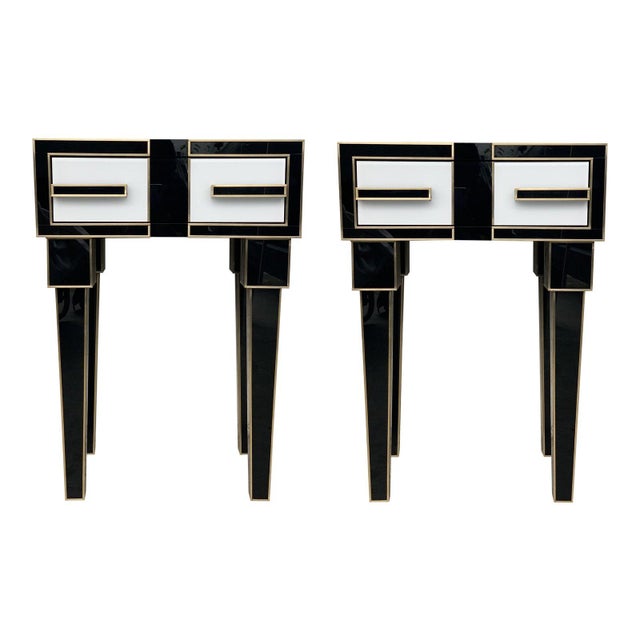 New High Black & White Glass & Brass Inlays New Nightstands With Drawer - a Pair For Sale - Image 13 of 13