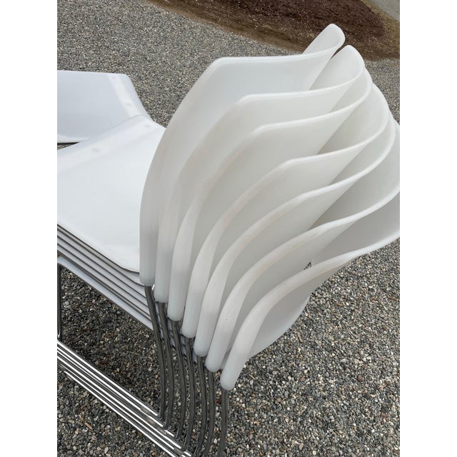 Set of 8 Vintage Chrome Dining /Office Stackable White Vinyl Chairs