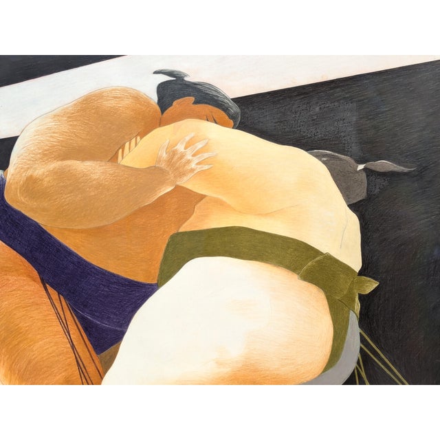 Modern Phyllis Steele Modern Colorful Pastel Drawing of a Pair of Sumo Wrestlers in Blue and Green, 20th Century For Sale - Image 3 of 12