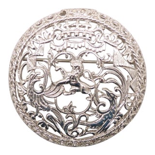 Vintage Signed Napier Round Rhodium Plated Openwork Coat of Arms Brooch For Sale
