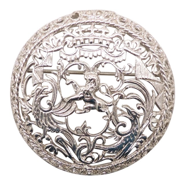 Vintage Signed Napier Round Rhodium Plated Openwork Coat of Arms Brooch For Sale