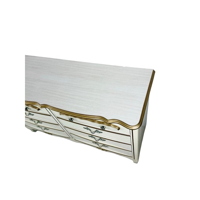Cream Vintage French Provincial Six-Drawer Dresser in Cream and Gold With Louis XV Details For Sale - Image 8 of 17