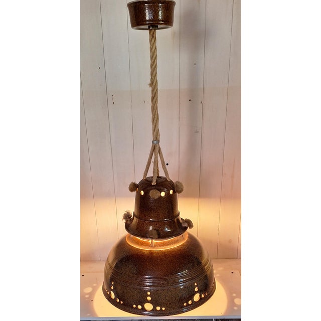 Vintage Rustic Ceiling Lamp with Ceramic Shade and Rope Mount, 1970s For Sale - Image 3 of 7