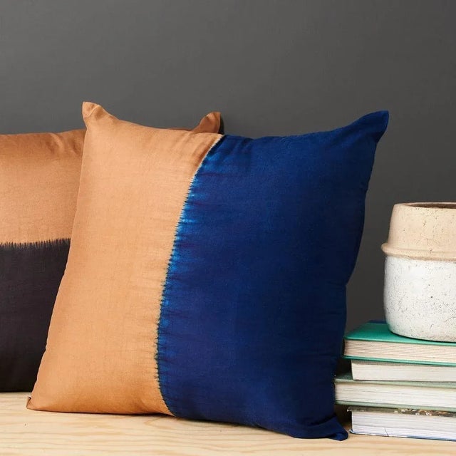 2020s Studio Variously Aakar Silk Hand-Dyed Color Block Pillow Cover in Indigo Gold Hues For Sale - Image 5 of 7