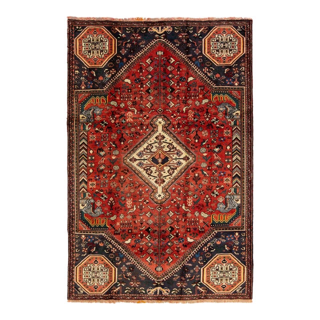 1940s Designed Persian Shiraz Handmade Wool Rug in Red For Sale