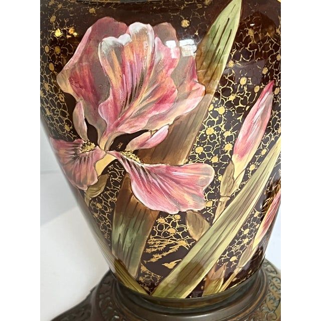 Victorian Ch Doulton Burslem Iris Flowers Table Lamp Gilded Circa 1890-1900 For Sale - Image 3 of 13
