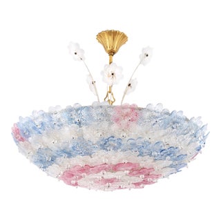 1950s Murano Glass Floral Barovier & Toso Blue Clear Pink Flower Basket Chandelier For Sale