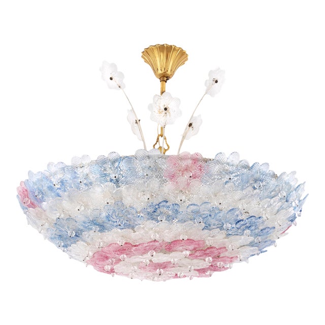 1950s Murano Glass Floral Barovier & Toso Blue Clear Pink Flower Basket Chandelier For Sale