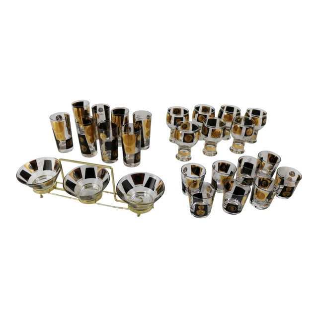 Cera Black & Gold Coin Design Barware and Glasses - Set of 26 For Sale