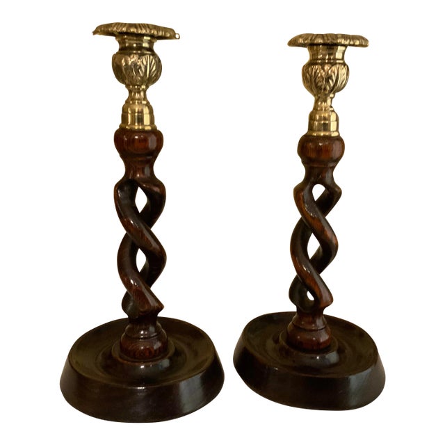 English Victorian Oak & Brass Open Barley Twist Candlesticks Pair For Sale