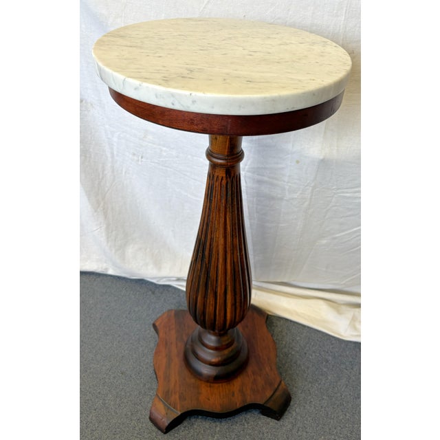 1900's Solid Wood Reeded Pedestal/ Plant Stand With Marble Top For Sale - Image 12 of 18