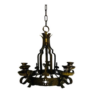 Gothic 5-Light Hanging Candle Fixture Solid Brass Hans Hammered Straps For Sale