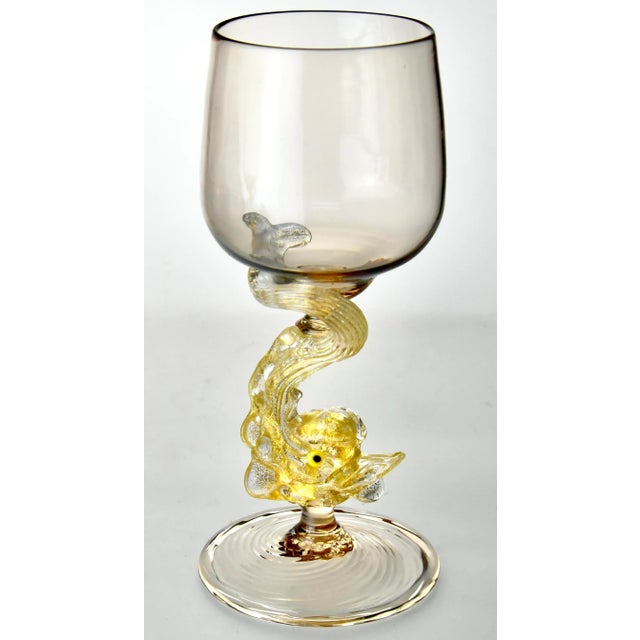 1950s Vintage Mid 20th Century Hand Blown Venetian Dolphin Goblets- Set of 7 For Sale - Image 5 of 12