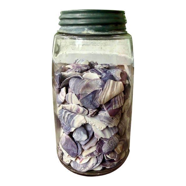 Antique Maganese Mason Jar With Wampum Shells For Sale
