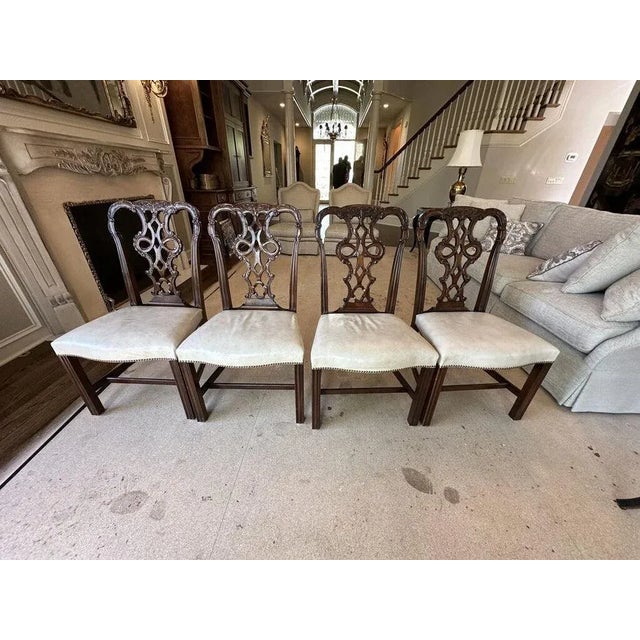 Chippendale Style Dining Chairs with Leather Seats - Set of 4 For Sale - Image 4 of 6