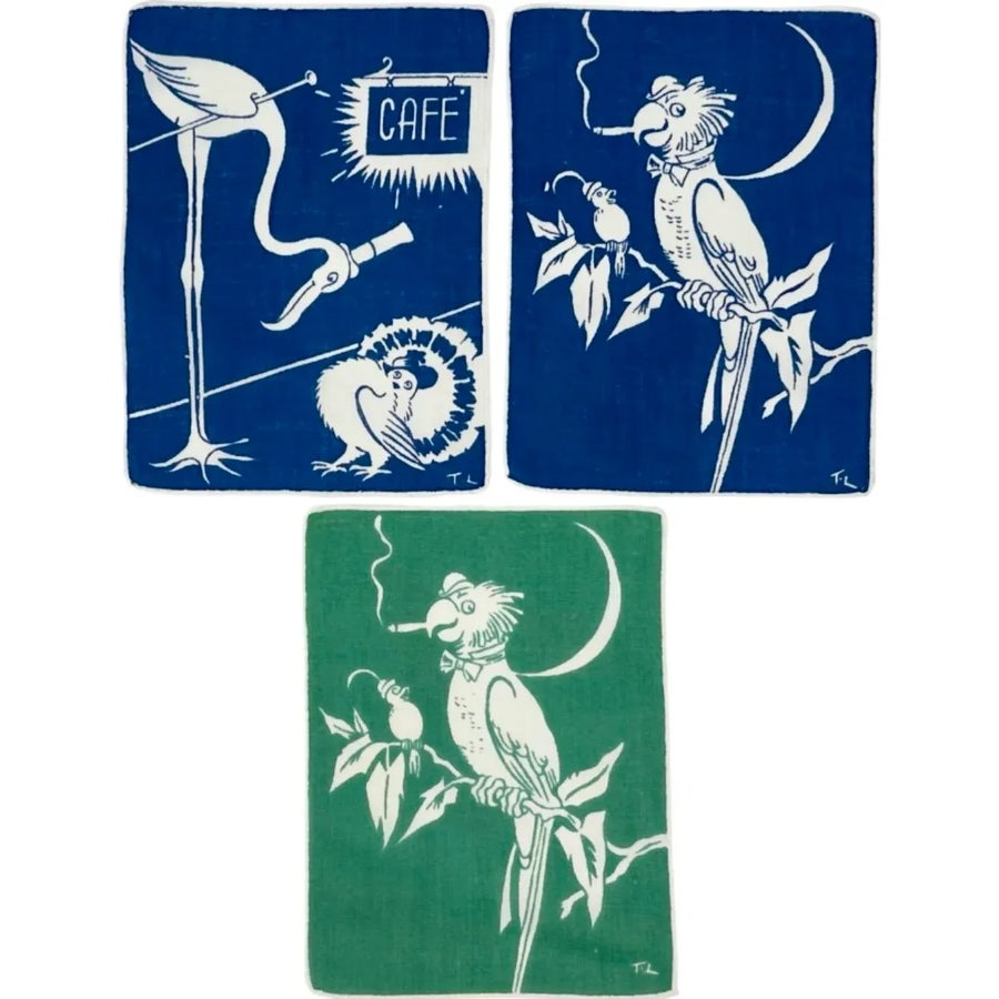1930s Tom Lamb Blue Green Linen Art Deco Barware Cocktail Napkins