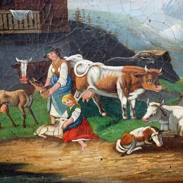 Folksy Scene with Cattles, Goats and Farmer's Wives, 1900s, Oil Painting For Sale - Image 4 of 9