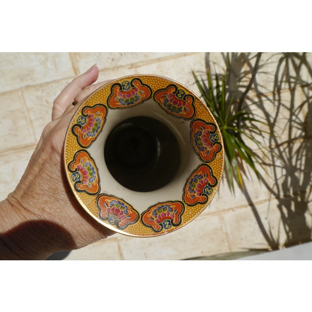 Ceramic Vintage Royal Satsuma Vase Mountain Scene & Florals Moriage Gold Tone Green For Sale - Image 7 of 12