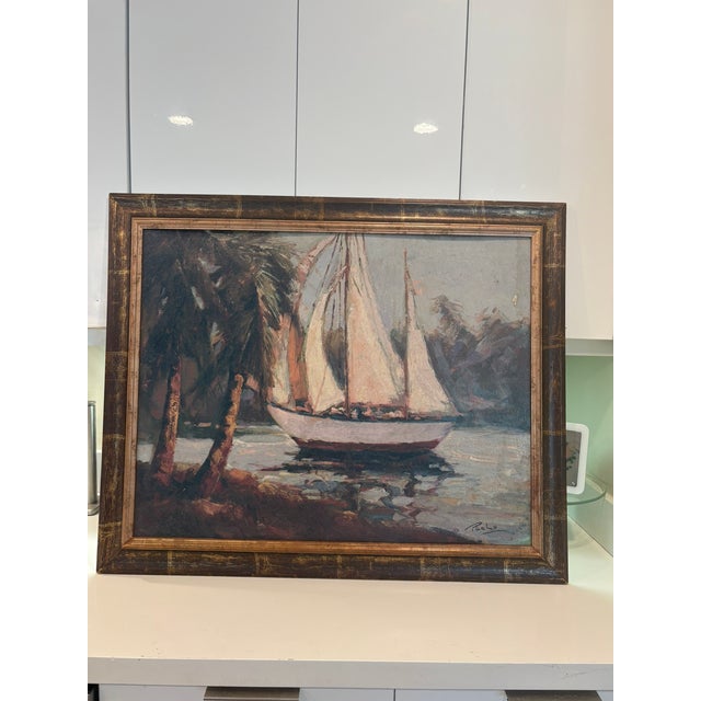 Vintage Coastal Sailboat Wall Art Giclee On Board In Gilt Faux Bamboo Frame A moody, painterly coastal sailboat scene with...