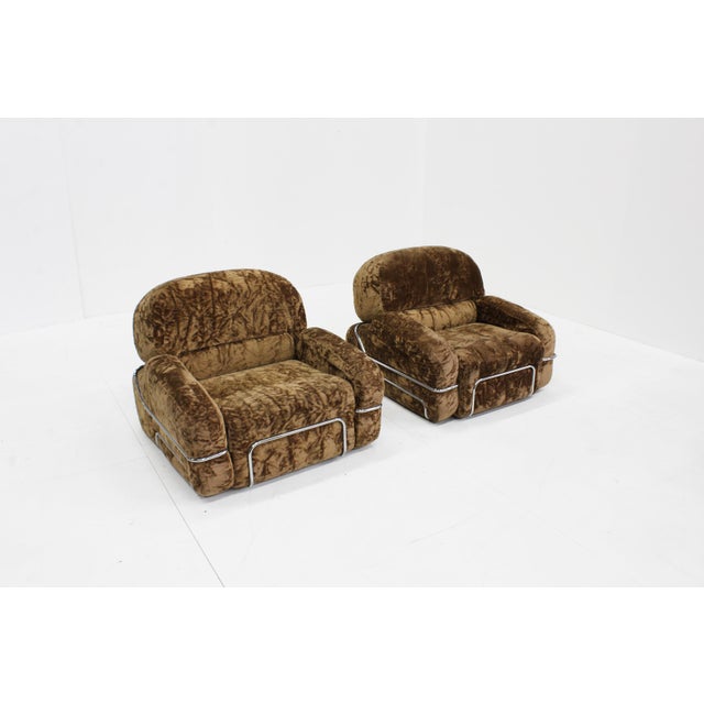 Metal Vintage Italian Armchairs in Chrome and Velvet, 1970s, Set of 2 For Sale - Image 7 of 9