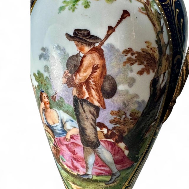 Antique Sevres Style Cobalt Blue Porcelain Vase, Double Handled Lidded Urn For Sale - Image 13 of 14