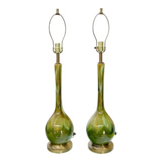 Lava Green to Brown Glaze Onion Shape Pair of Table Lamps Mid-Century Modern For Sale